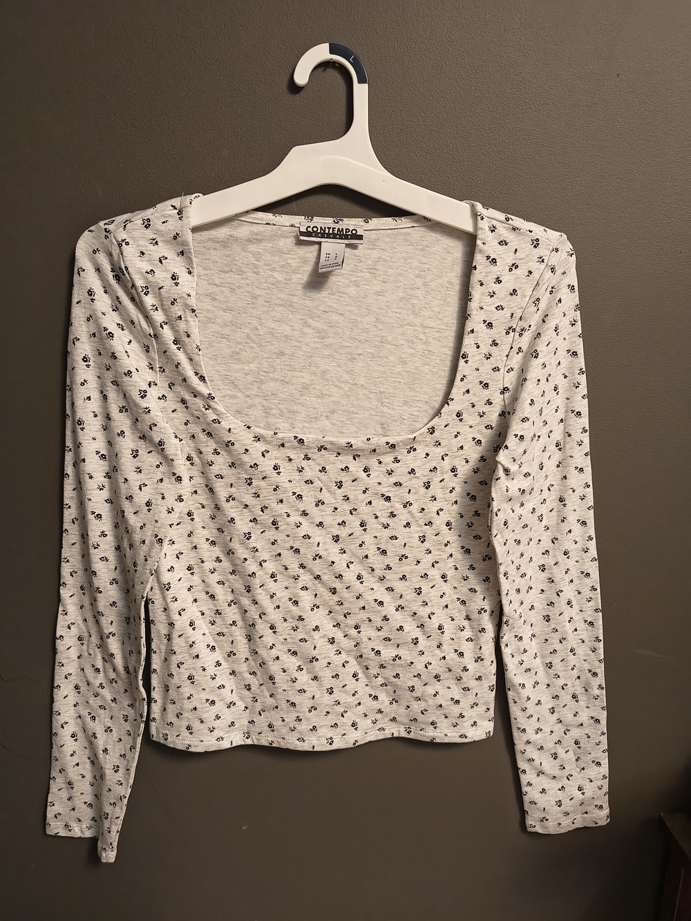 Contempo White Long Sleeve Square Neck Crop Top with Black Floral Print